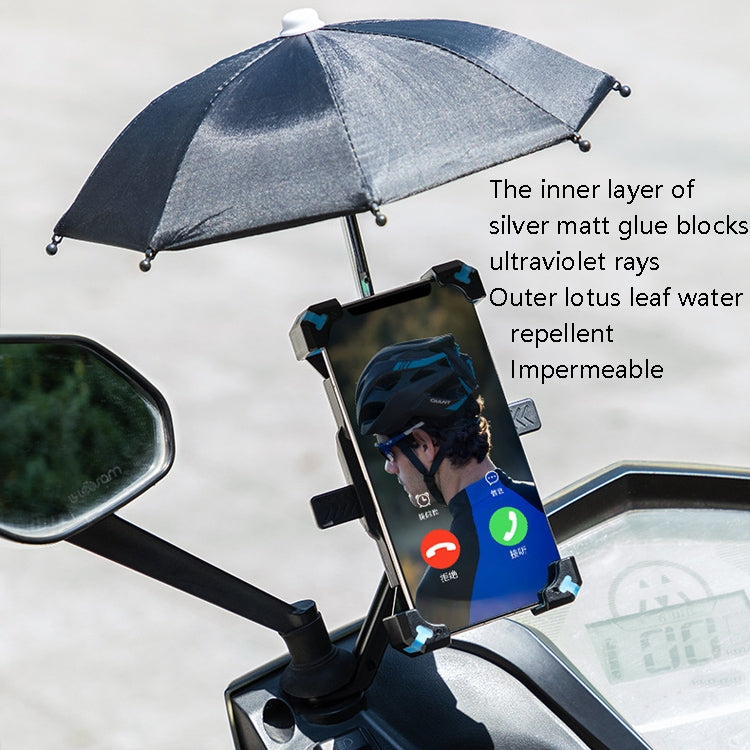 Bicycle phone holder with parasol visor, phone secured on black handlebar mount