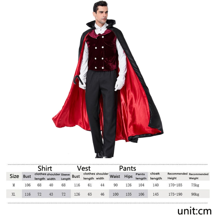 Men's vampire costume set with red cape, black pants, and red velvet buttoned vest