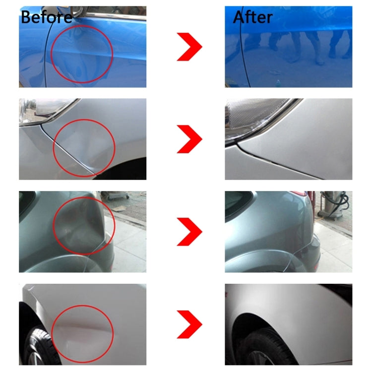 Before-and-after car panel photos showing dent repair results