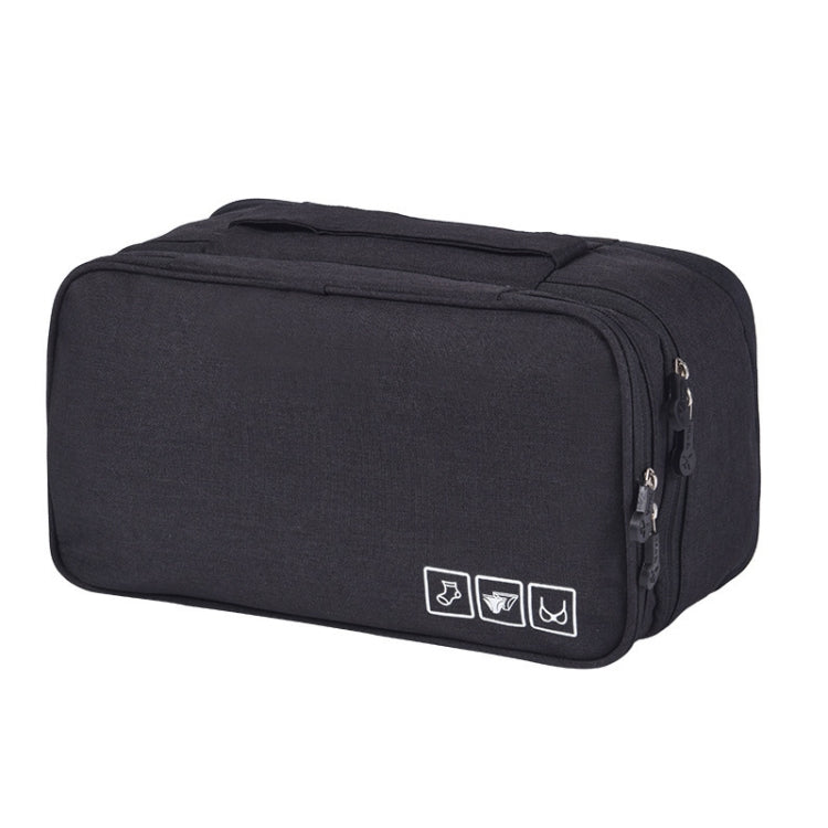 Black zippered fabric travel storage organizer bag with front zip pockets and care icons