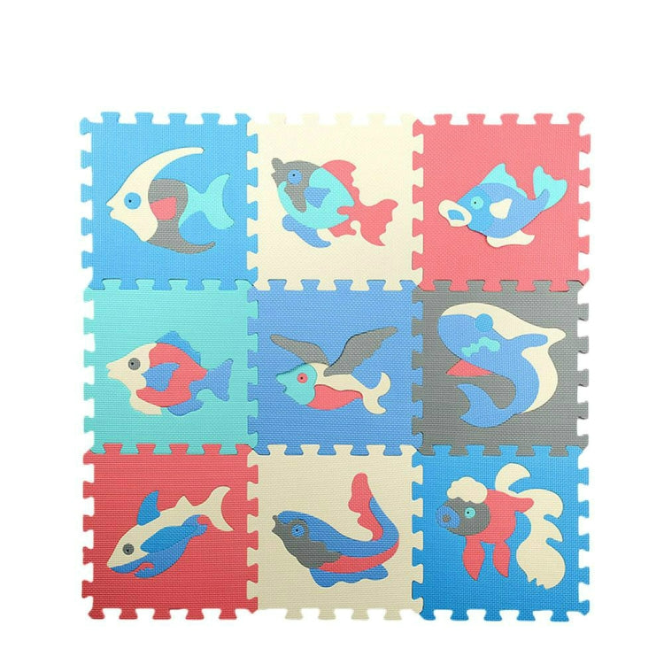 Sea animal EVA foam puzzle mat set, 9 interlocking tiles in red, blue, and tan
