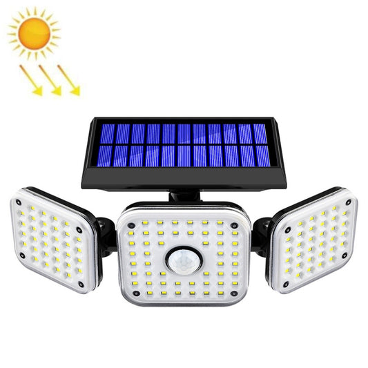 Solar-powered triple-head LED wall light with central motion sensor and solar panel