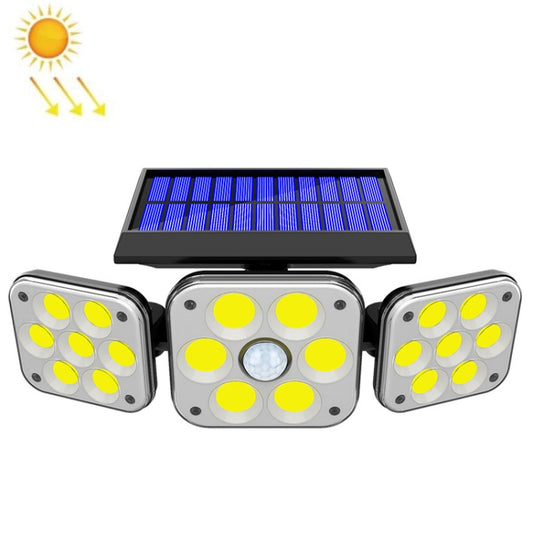 Solar-powered triple-head LED wall light with bright yellow LED clusters