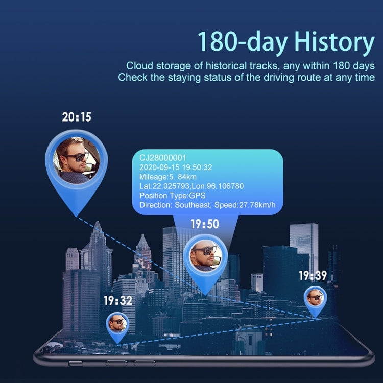 Smartphone screen showing CJ280 GPS locator route history and position data