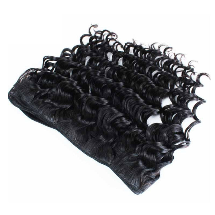 Rolled black curly synthetic hair bundle, close view of wave texture on weft
