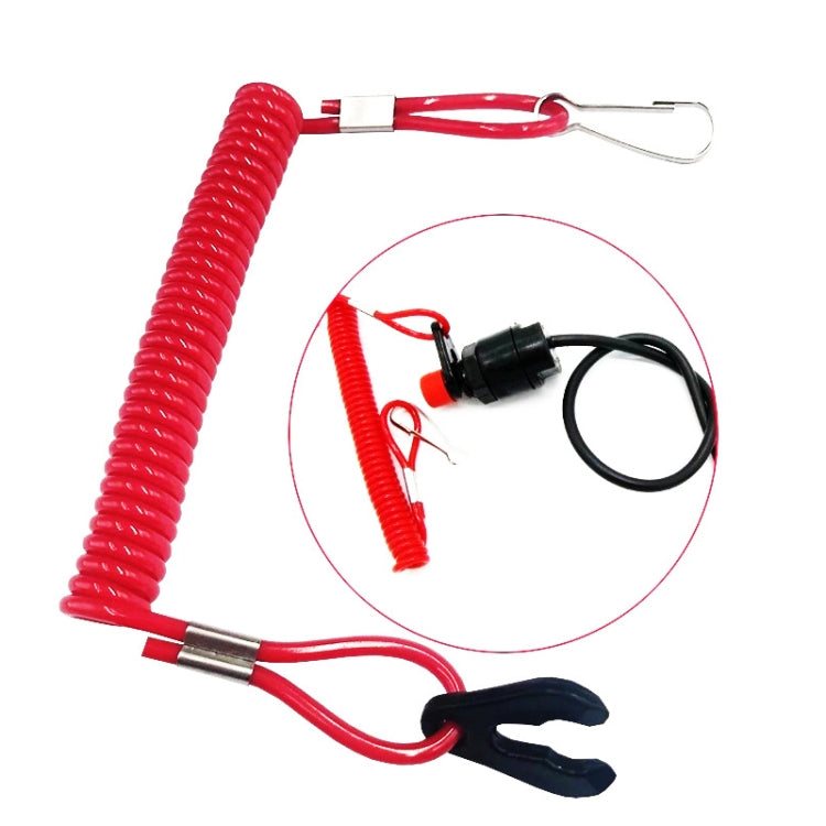 Red coiled safety rope with black switch lead, metal spring buckle, and black clamp clip