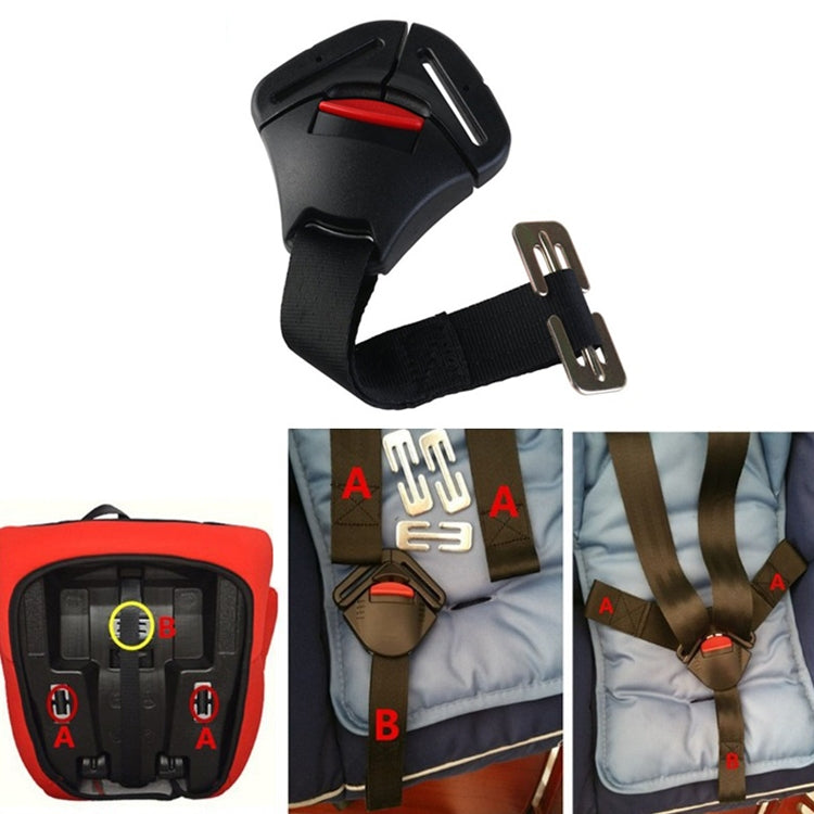 Car seat buckle accessory shown on straps with black housing and red release
