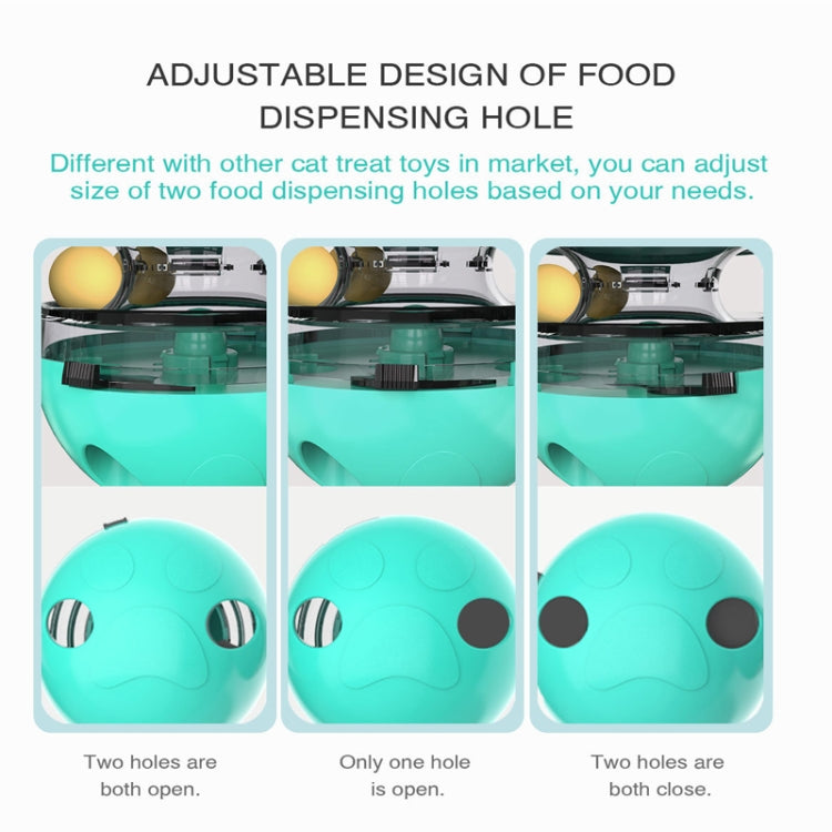 Turquoise cat treat dispenser with adjustable food dispensing holes in different settings.