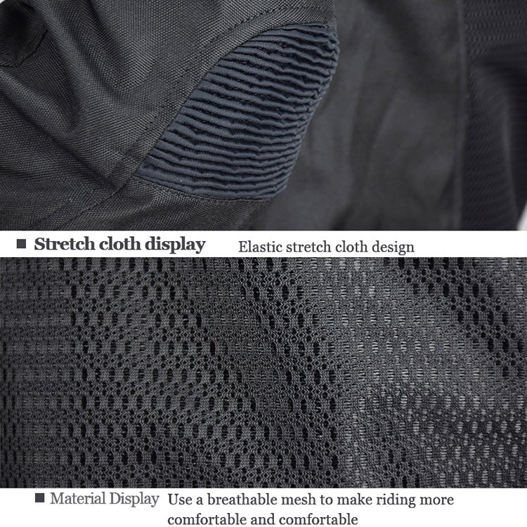 Men's black motorcycle jacket fabric close-up with breathable mesh and stretch panel