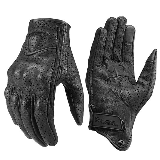 Motorcycle riding leather gloves, dark perforated black with touchscreen fingertips
