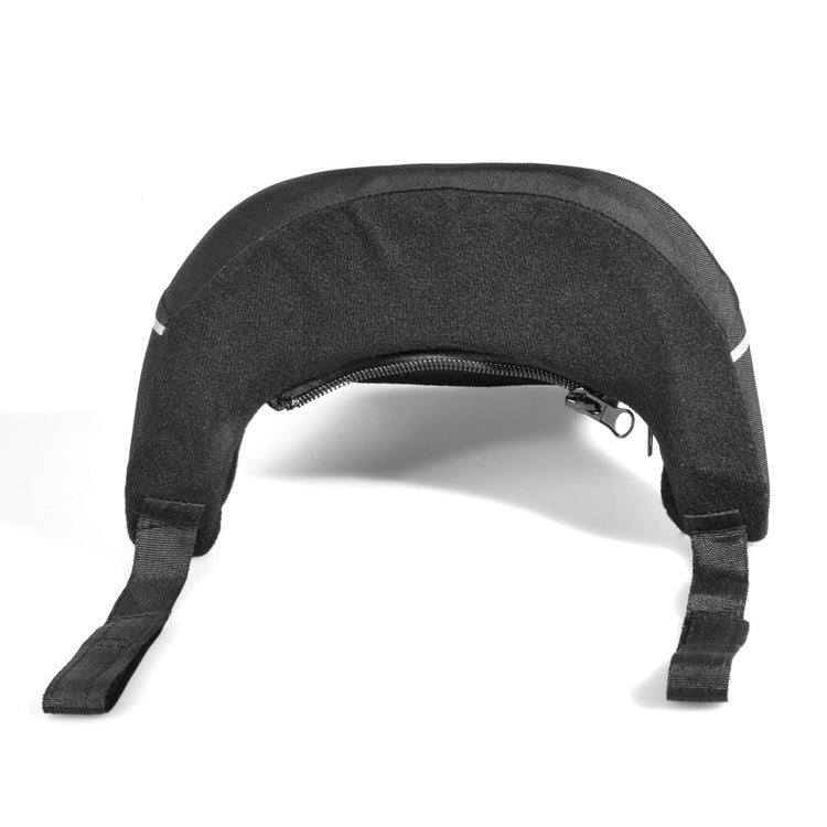 Black motorcycle neck protector rear view with two strap feet and inner padding