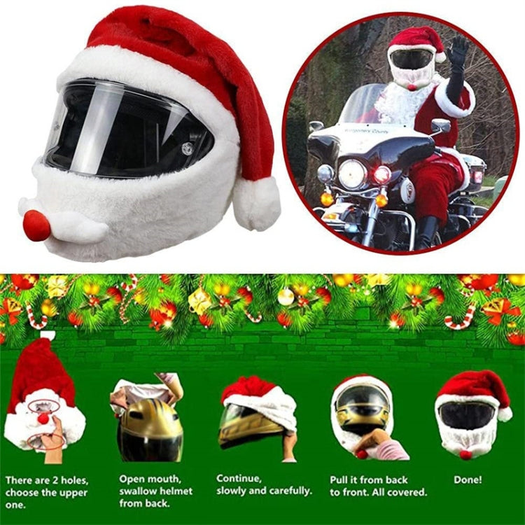 Plush Santa helmet cover with red hood, white trim, and visor cutout