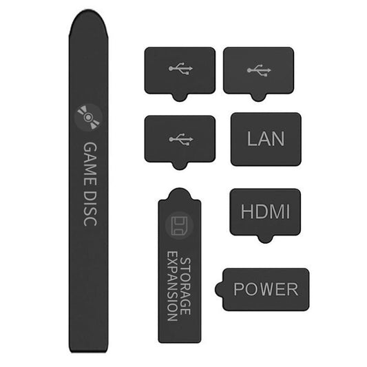 Xbox console dust plug set with Game Disc strip and port label covers, black