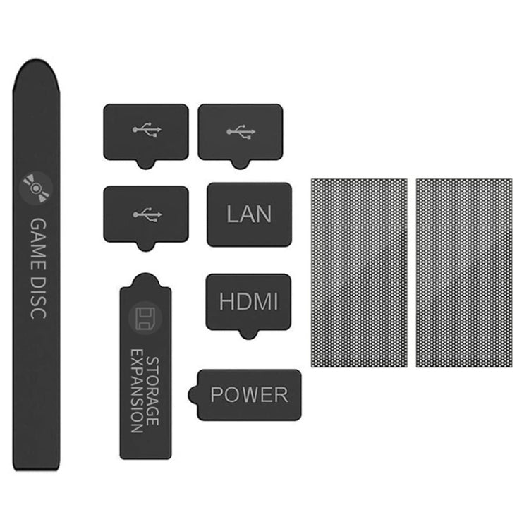 Xbox console dust plug set with Game Disc strip, port covers, and two mesh filters