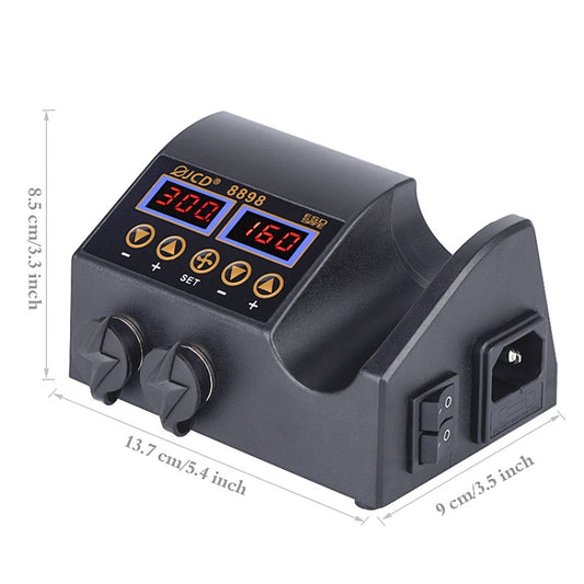 Compact hot air desoldering station base with dual digital temperature displays and knobs