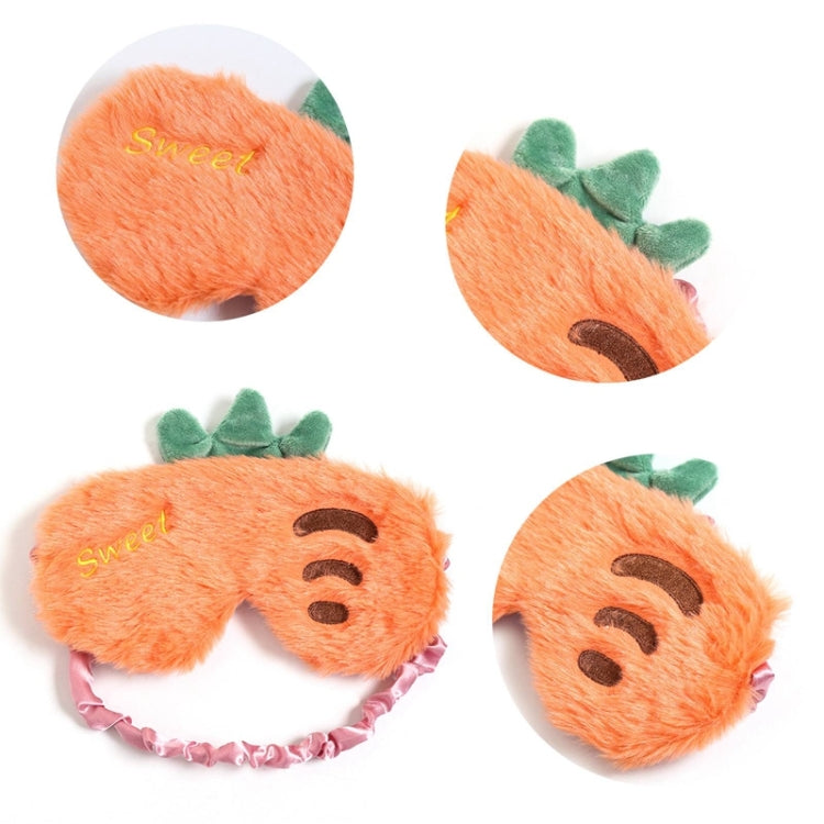Fruit plush eye mask close-ups showing orange carrot, pink strawberry, yellow pineapple