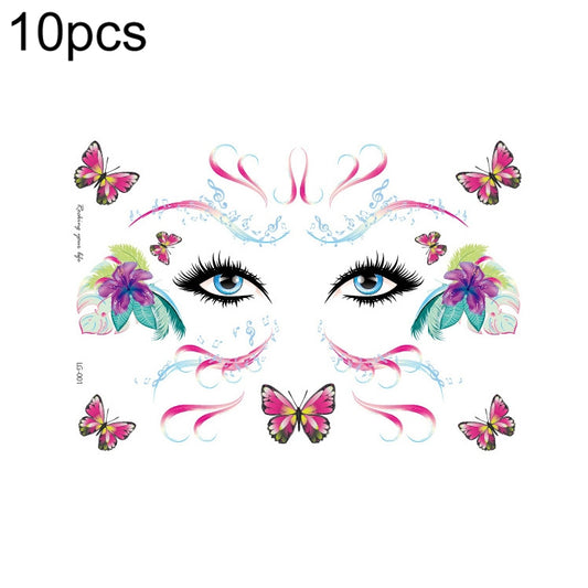 Glitter face tattoo sticker sheet with butterfly and eye designs in pink and blue