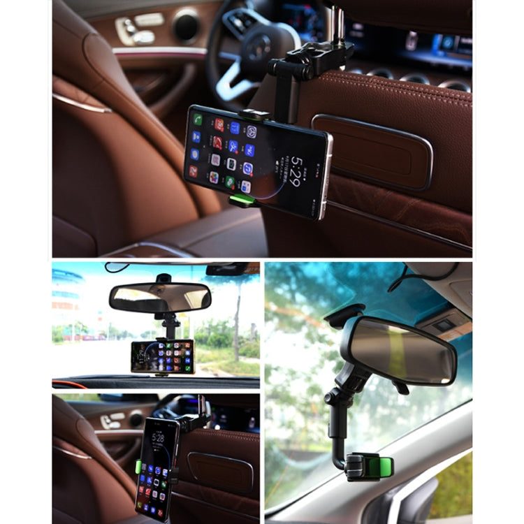 Universal phone holder mounted near car mirror, black body with green trim grips