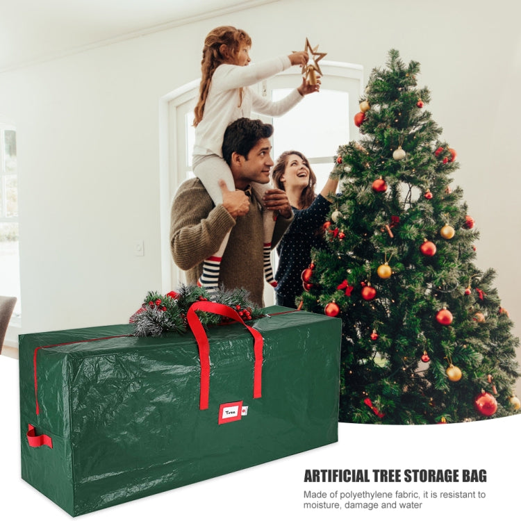 Dark green Christmas tree storage bag with red handles and front label patch