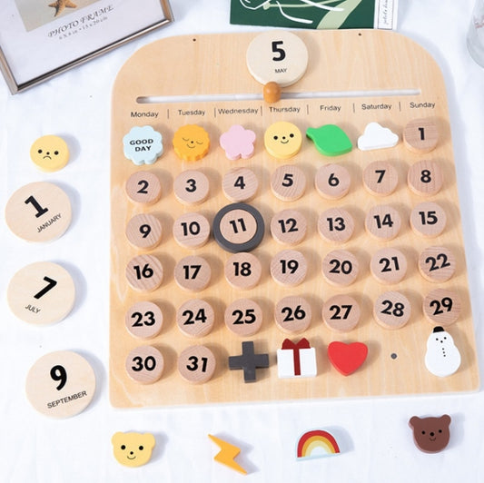 Children's wooden perpetual calendar board with month/date discs and magnetic day icons