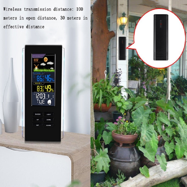 Wireless weather station console with wireless remote sensor placement highlighted for indoor use