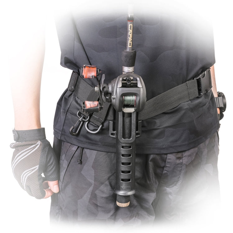 Fishing rod waist belt worn with rod holder upright and reel mounted at belt level