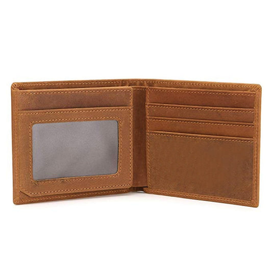 Tan bifold leather wallet interior with card slots and blank ID window