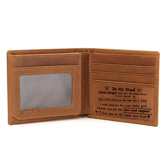 Men's tan bifold leather wallet with card slots and laser message: "To My Dad"