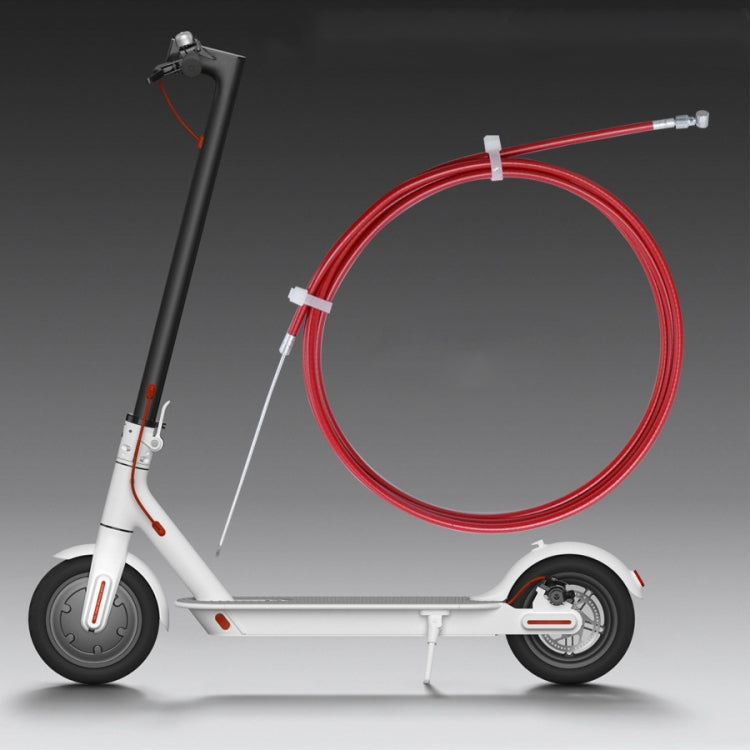 Electric scooter with red brake cable line attachment and metal end fittings