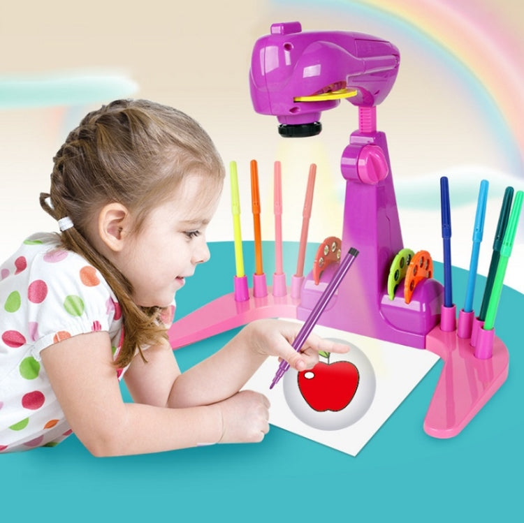 Purple projection drawing board with child drawing on white paper using colorful pens