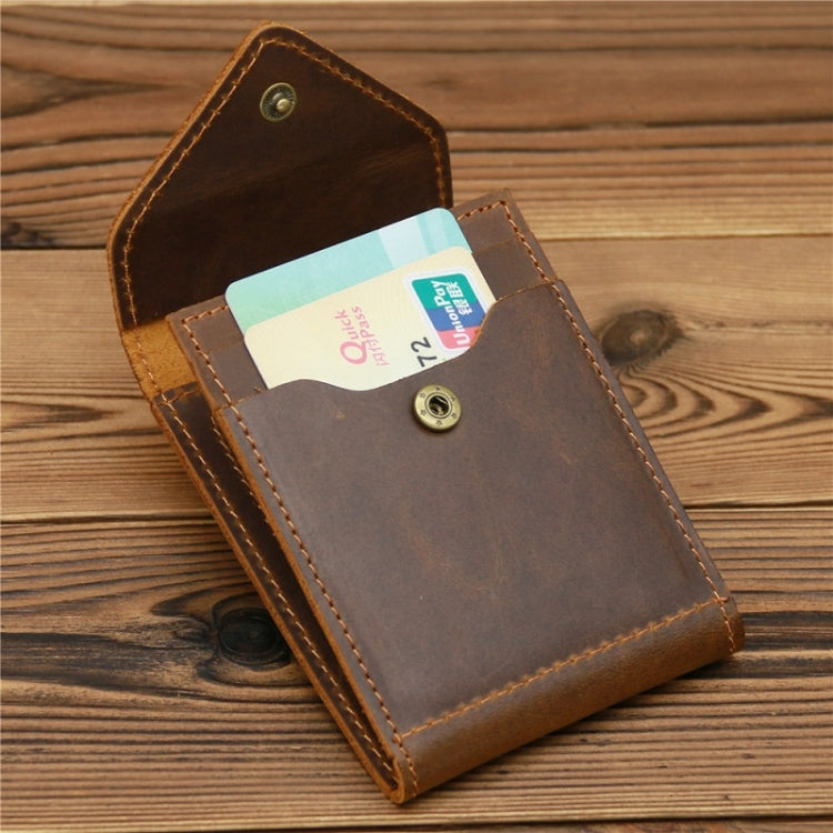 Dark brown leather driver license wallet with card slot and snap button, cards inside