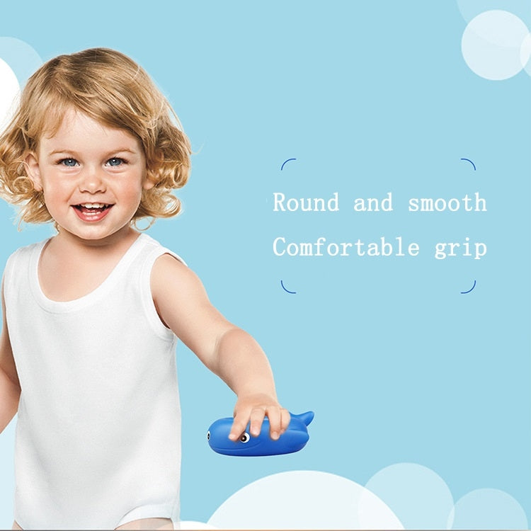 Child holding a blue fish-shaped digital bath thermometer with smooth grip.