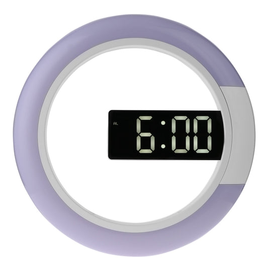 LED wall clock with purple light ring and digital display, showing 8:00
