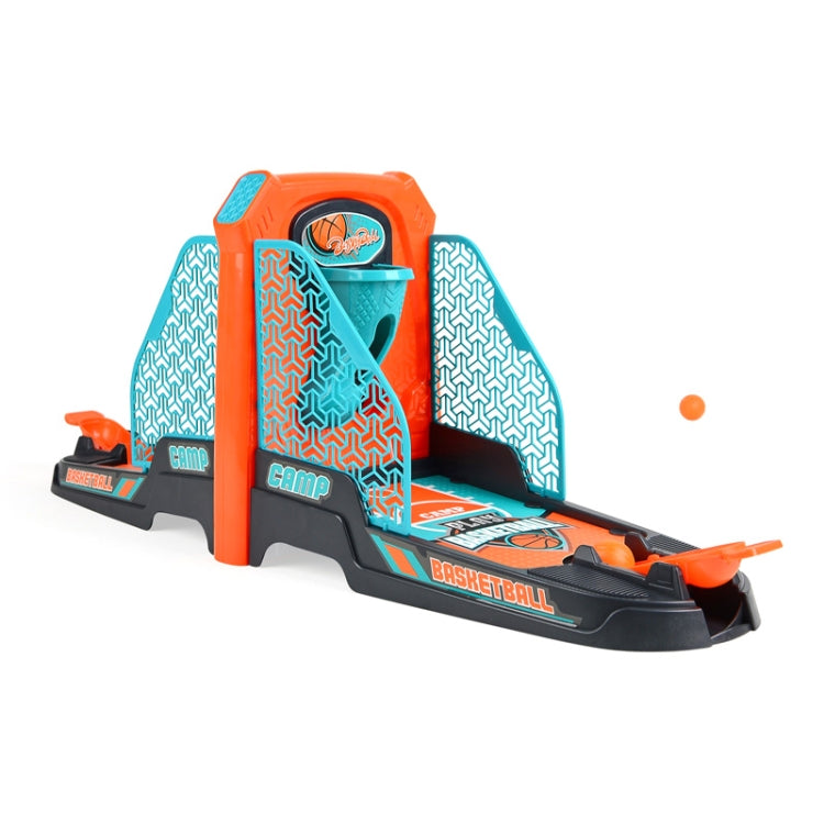 Side view tabletop basketball shooting machine with teal patterned backboard and orange frame
