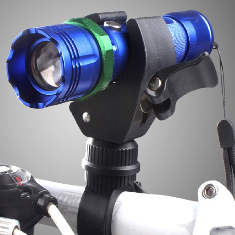 Black bicycle lamp clip holding a blue front light, adjustable mounting head