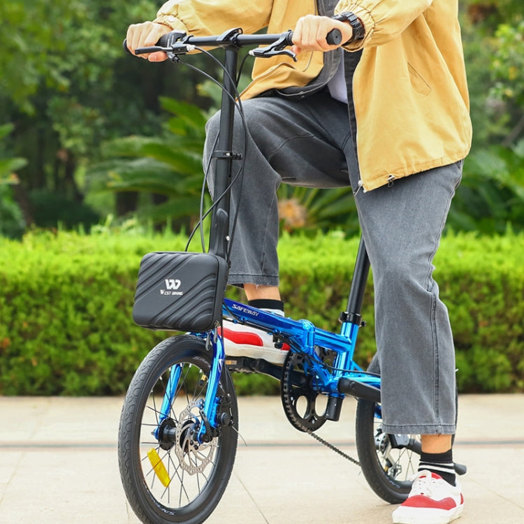 Black hard-shell bike head storage bag mounted on a folding bike frame