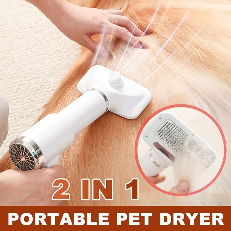 Handheld white pet grooming dryer using comb to remove loose fur