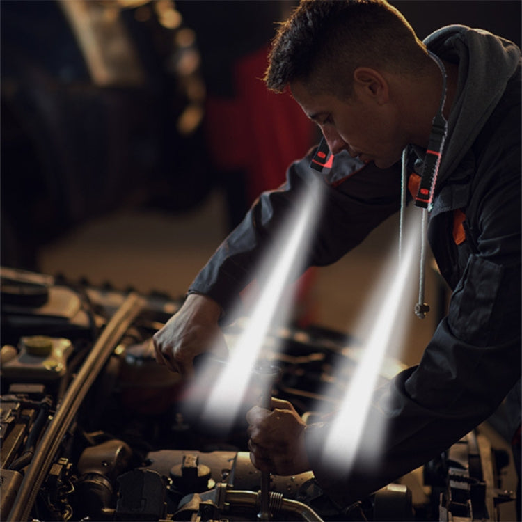 Worker wearing hanging neck LED light, black and red, bright task illumination