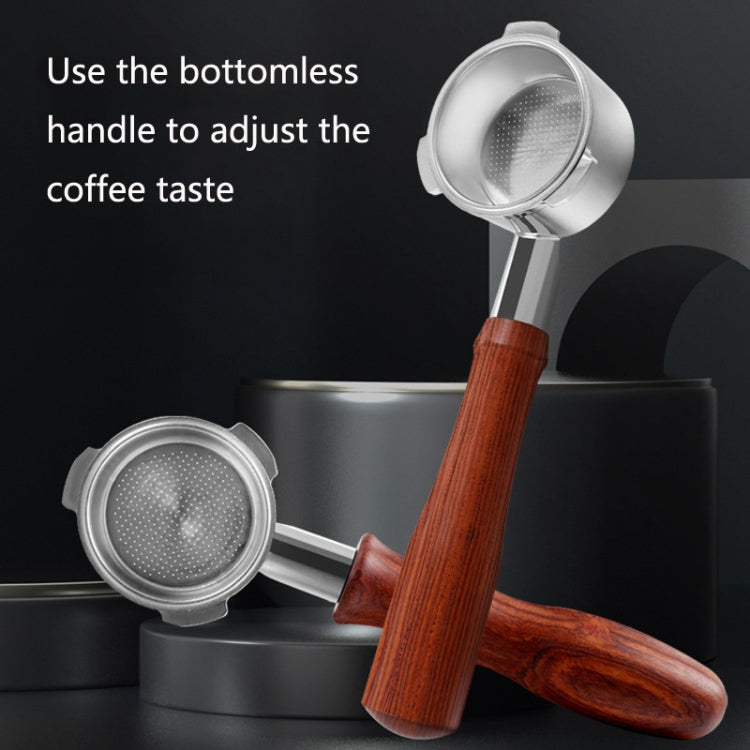 Coffee maker bottomless handle with wooden grip and perforated metal filter basket