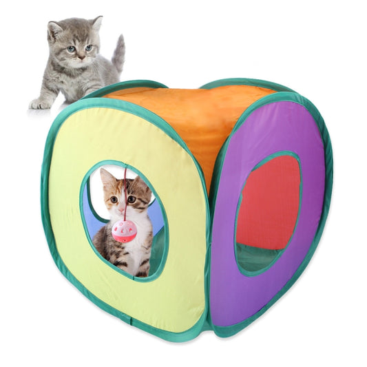 Foldable cat tunnel storage can with two circular entrances and dangling bell ball toy