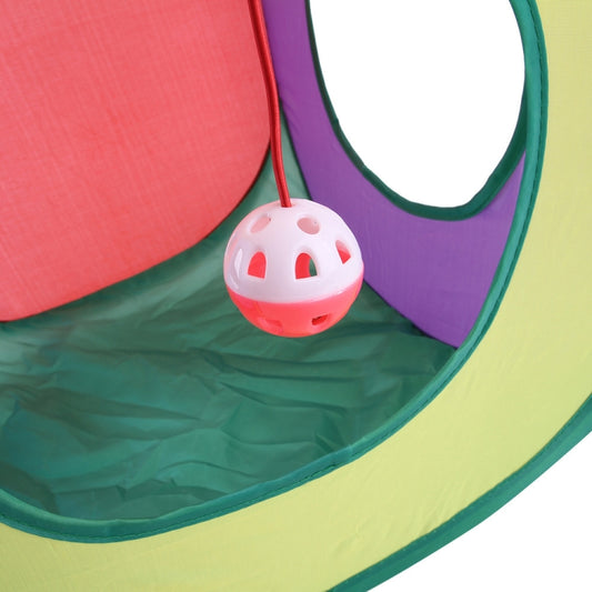 Cat tunnel interior with hanging bell ball toy attached inside the curved opening