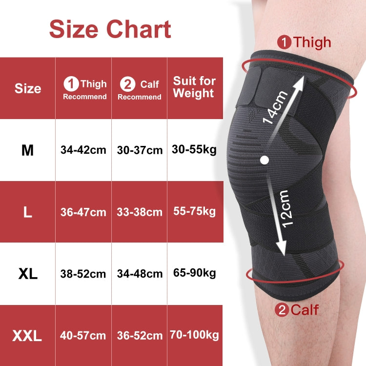 Knee pad size/fit diagram showing black sleeve with red trim and measurement marks