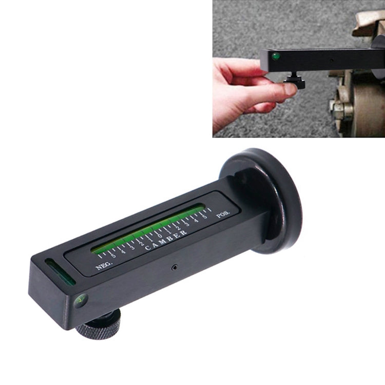 Automotive magnetic level tool showing green vial and black round magnetic base