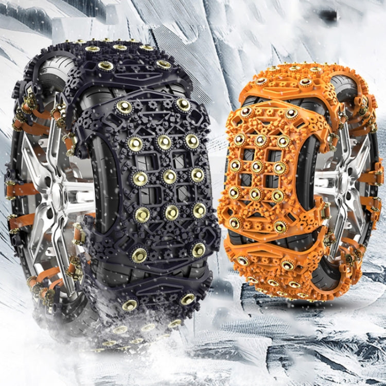 Orange and black snow tire chains with studded links and rigid side arms