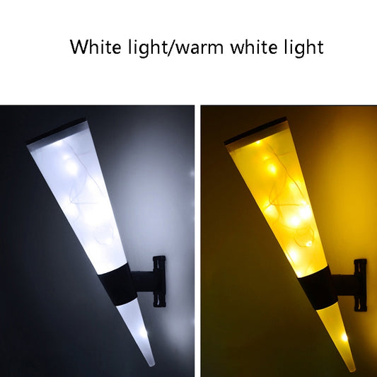 Outdoor solar wall lamp showing cool white and warm white light modes on a black wall mount.