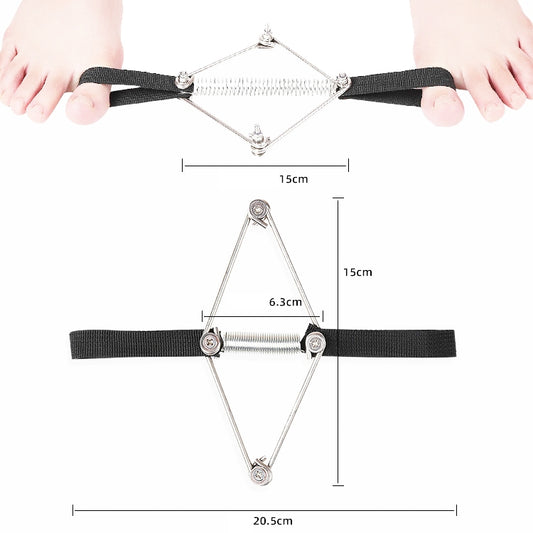 Toe corrector brace with black strap and silver metal spring; dimensions shown