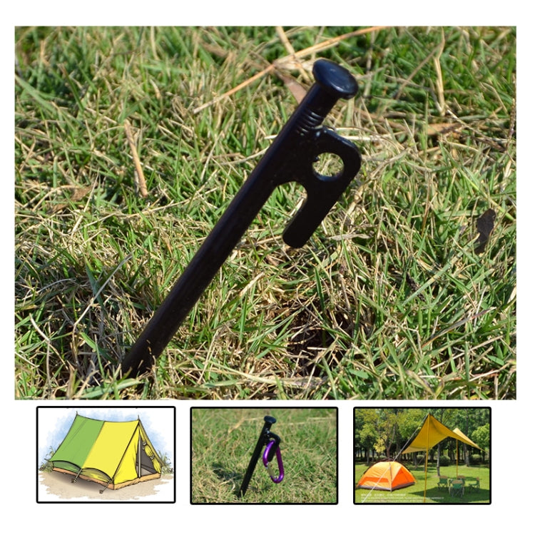 Black tent canopy ground stake anchored in grass with bracket