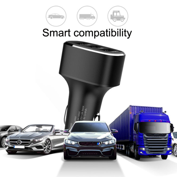 Black three-port car charger with two USB and USB-C ports, sleek aluminum design