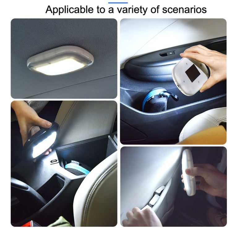 Gray dome LED trunk light showing multiple car interior placements with white glow