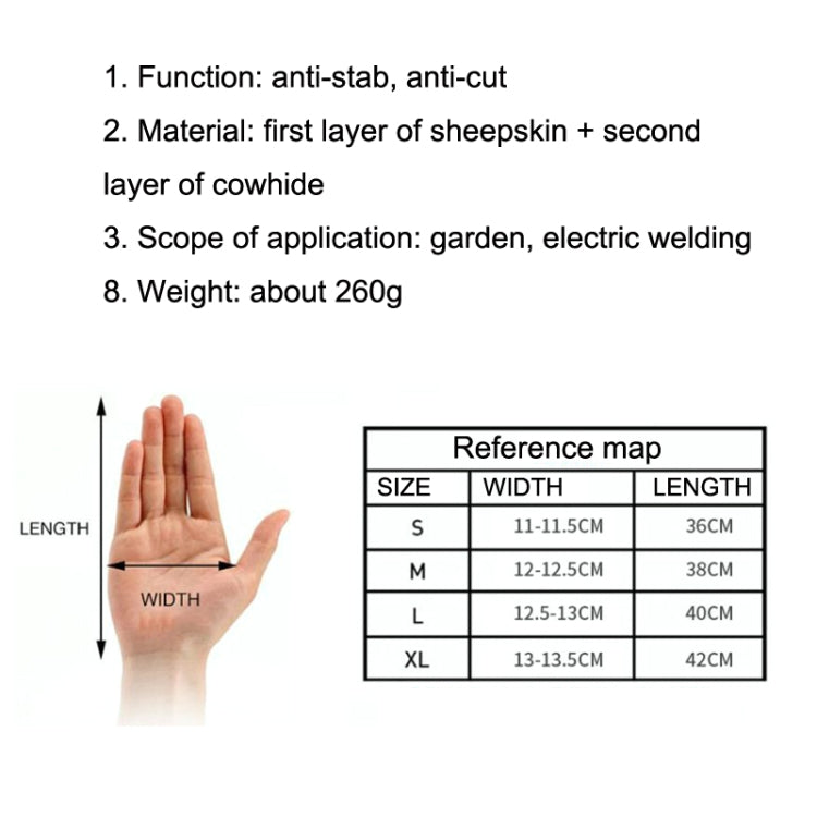 Glove size reference chart with tan glove outline and measurement labels